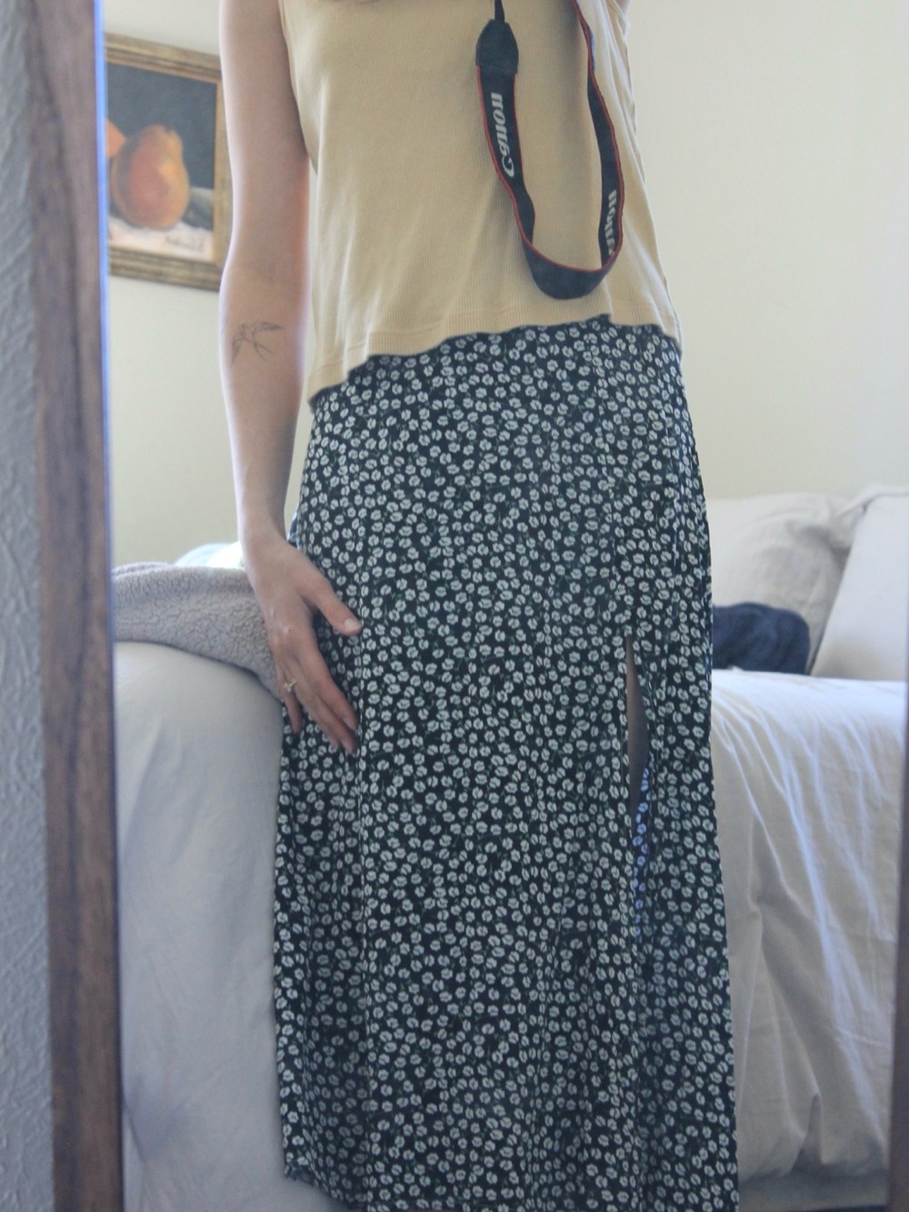 Black Floral Midi Skirt with Front Split - Women's Casual A-Line